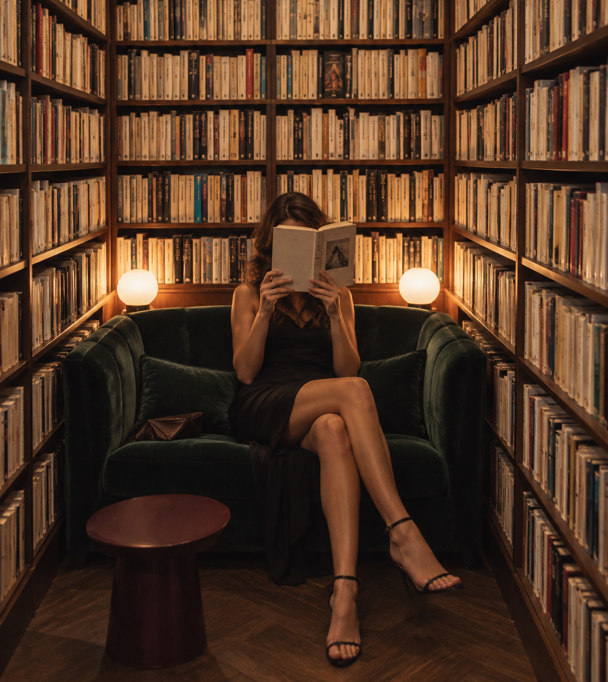 Una mujer lee en un sillón de terciopelo rodeado de libros